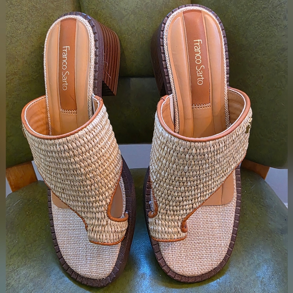 Franco Sarto Tan Woven Slide Mules with Brown Heel